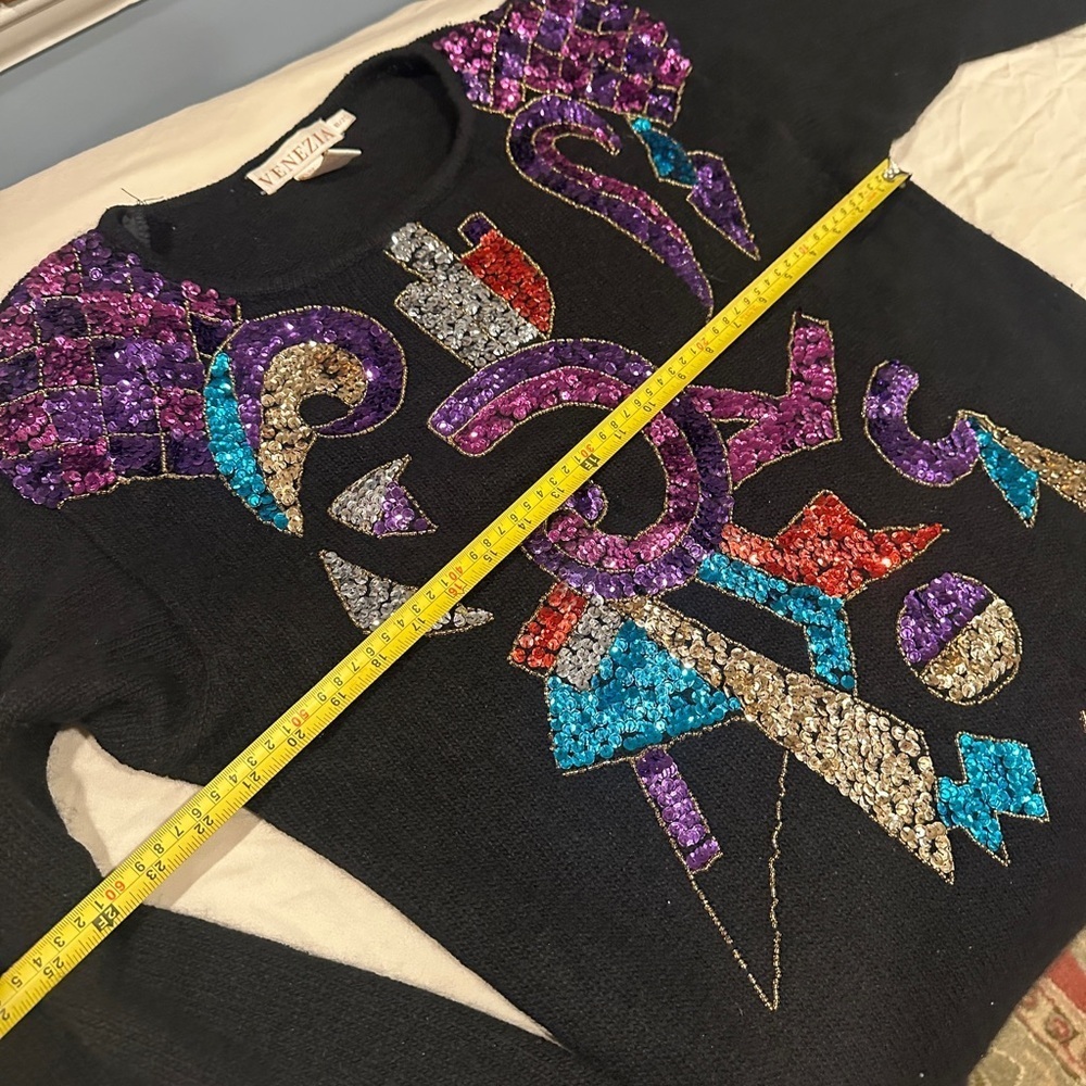 Colorful Vintage Silk blend Geometric Holiday Sequin Sweater - Picture 6 of 12